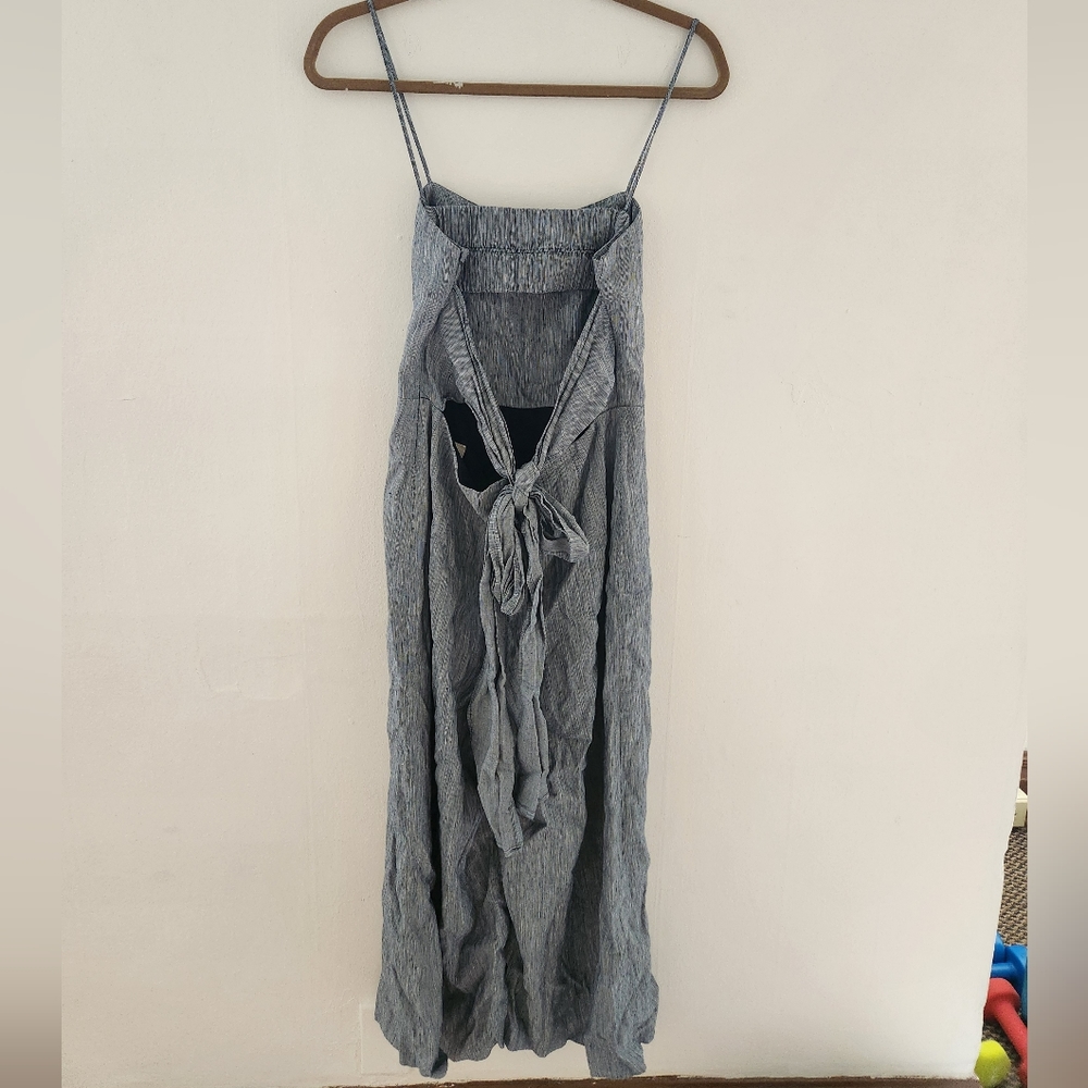 Club Monaco Dalennah Bow Back Cropped Wide Leg Linen Blend Jumpsuit Blue 6 - Picture 5 of 9